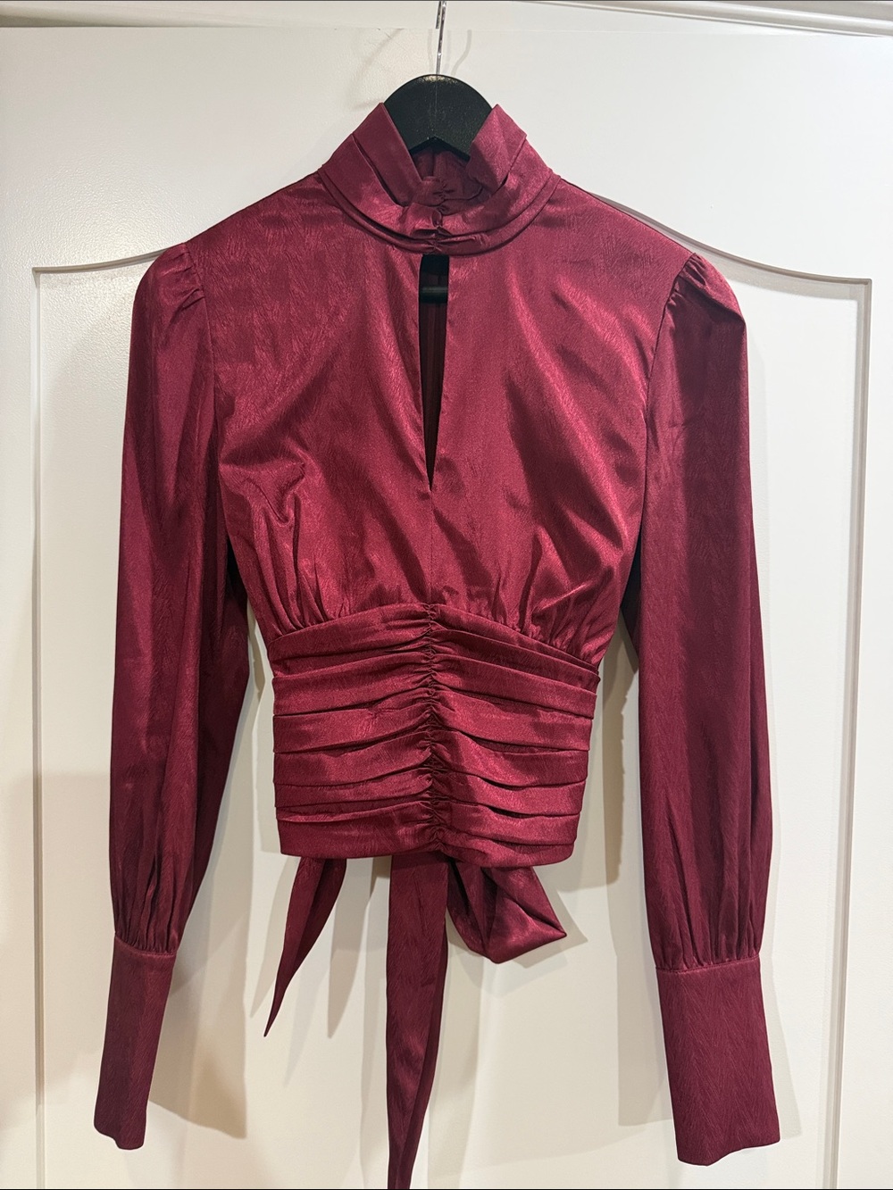 Wayf Burgundy Satin High-Neck Ruched-Waist Blouse